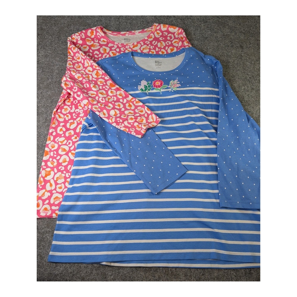 Kim Rogers Women Large Cotton T Shirt Set Blue Stripe Floral Pink Leopard Print